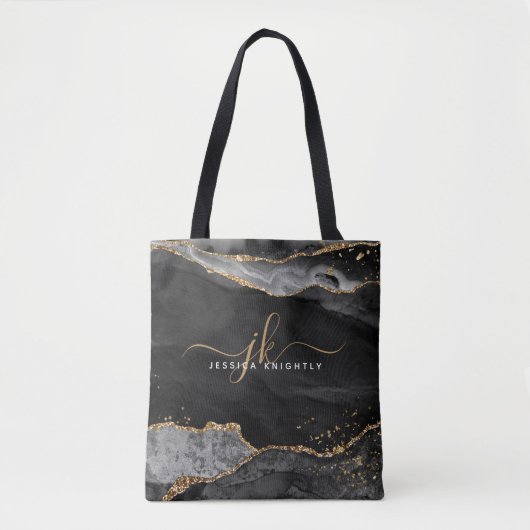 Black Agate Script Monogram Gold Glitzer Tasche (Vorderseite)