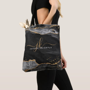 Black Agate Script Monogram Gold Glitzer Tasche