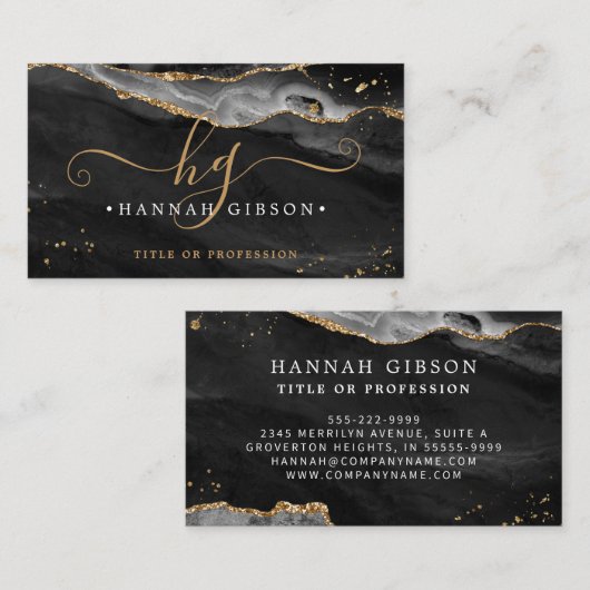 Black Agate Script Monogram Imitate Gold Glitzer Visitenkarte (Vorne/Hinten)
