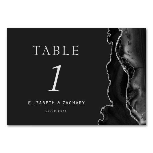 Black Agate Silver Dark Wedding Tischnummer (Rückseite)