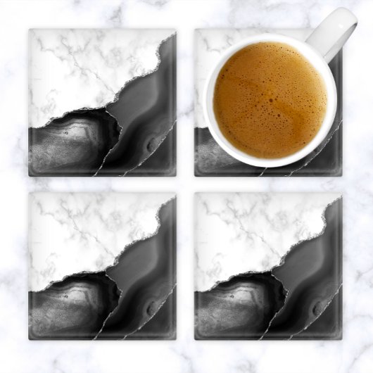 Black Agate Silver Glitter White Faux Marble Glasuntersetzer