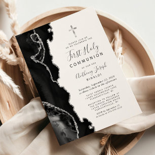 Black Agate Silver Glitzer Erste Heilige Kommune Einladung
