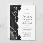 Black Agate Silver Glitzer Erste Heilige Kommune Einladung (Vorderseite)