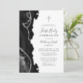 Black Agate Silver Glitzer Erste Heilige Kommune Einladung (Stehend Vorderseite)