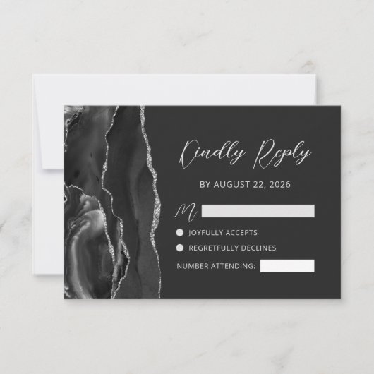 Black Agate Silver Glitzer Script Wedding RSVP Karte (Vorderseite)
