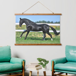 Black Akhal Teke Stallion Galloping Paddock Zaun Wandteppich Mit Holzrahmen