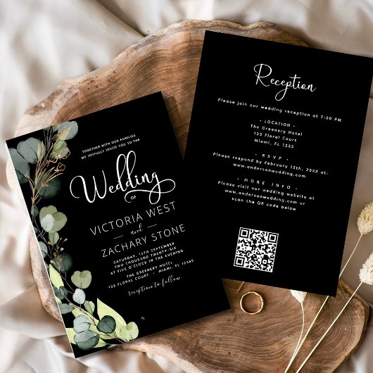 Black All in One Eukalyptus QR Code Wedding Einladung