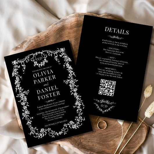 Black All in One Viktorianisch Wedding Monogram Einladung