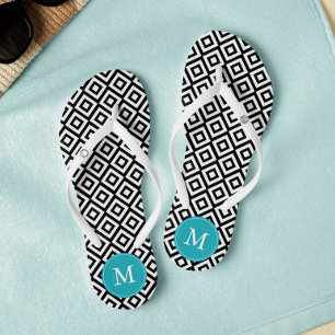 Black and Aqua Diamonds Mit Monogramm Badesandalen