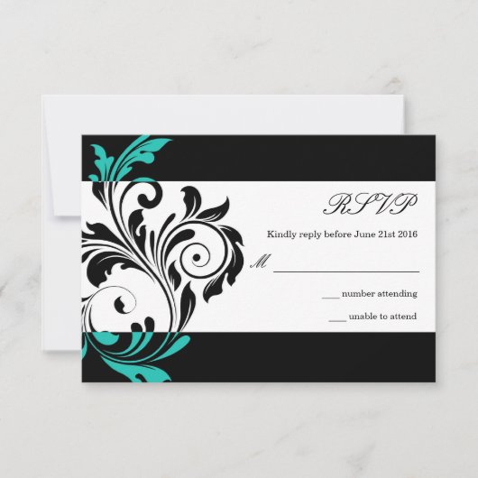 Black and Aqua Floral Swirl Wedding RSVP (Vorderseite)