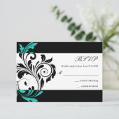 Black and Aqua Floral Swirl Wedding RSVP (Stehend Vorderseite)