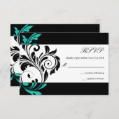 Black and Aqua Floral Swirl Wedding RSVP (Vorne/Hinten)