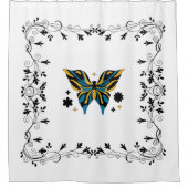 Black and Blue Butterfly Floral Art Duschvorhang (Vorderseite)
