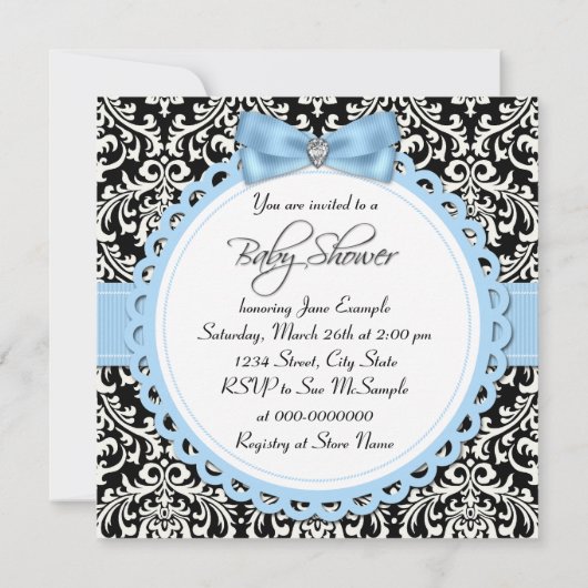 Black and Blue Damask Bad Time Baby Dusche Einladung (Rückseite)