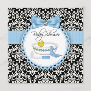 Black and Blue Damask Bad Time Baby Dusche Einladung