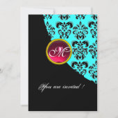 BLACK AND BLUE DAMASK MONOGRAM, Red ruby, Turquase Einladung (Vorderseite)