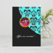 BLACK AND BLUE DAMASK MONOGRAM, Red ruby, Turquase Einladung (Stehend Vorderseite)