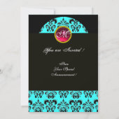 BLACK AND BLUE DAMASK MONOGRAM, Red ruby, Turquase Einladung (Rückseite)