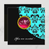BLACK AND BLUE DAMASK MONOGRAM, Red ruby, Turquase Einladung (Vorne/Hinten)