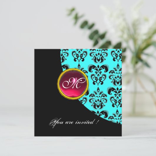 BLACK AND BLUE DAMASK MONOGRAM, Red ruby, Turquase Einladung (Stehend Vorderseite)