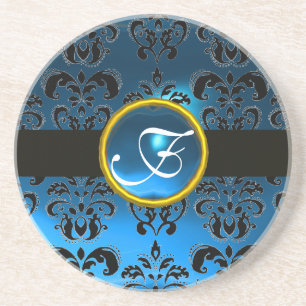 BLACK and BLUE DAMASK Saphir Monogramm Sandstein Untersetzer