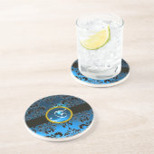 BLACK and BLUE DAMASK Saphir Monogramm Sandstein Untersetzer (Seite)