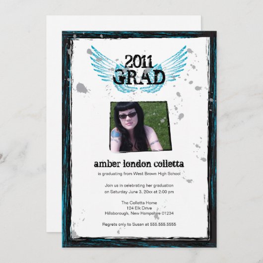 Black and Blue Grunge Wings Abschluss Einladung (Vorne/Hinten)