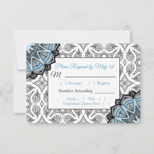 Black and Blue Mandala Wedding RSVP-Karte RSVP Karte (Vorderseite)