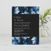 Black and Blue Tropical Palm Engagement Party Einladung (Stehend Vorderseite)