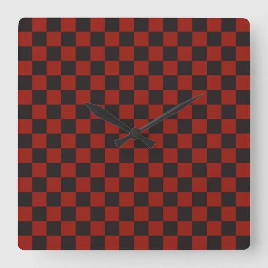 Black and Deep red checkerboard pattern Quadratische Wanduhr (Vorderseite)
