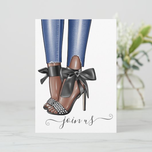 Black and Denim Fashionista Bachelorette Einladung (Stehend Vorderseite)