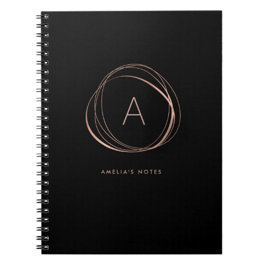 Black and Faux Rose Gold Monogram Notizblock (Vorderseite)