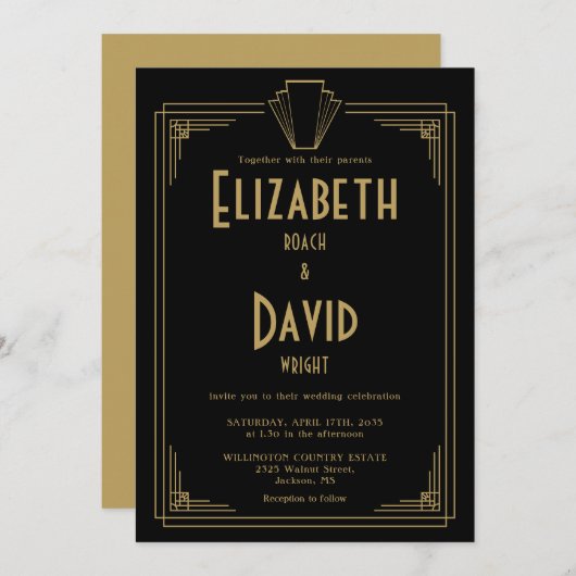 Black and Gold 1920er Art Déco Hochzeit Einladung (Vorne/Hinten)