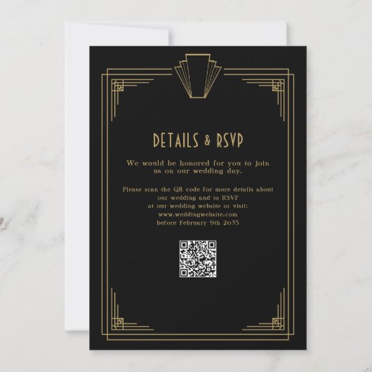 Black and Gold 1920er Art Deco QR Code Hochzeit Einladung (Rückseite)