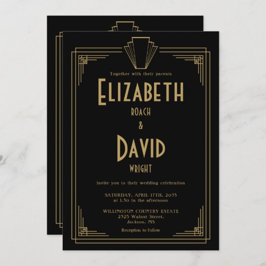 Black and Gold 1920er Art Deco QR Code Hochzeit Einladung (Vorne/Hinten)