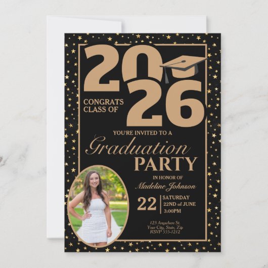 Black and Gold 2026 Photo Graduation Invitation Einladung (Vorderseite)