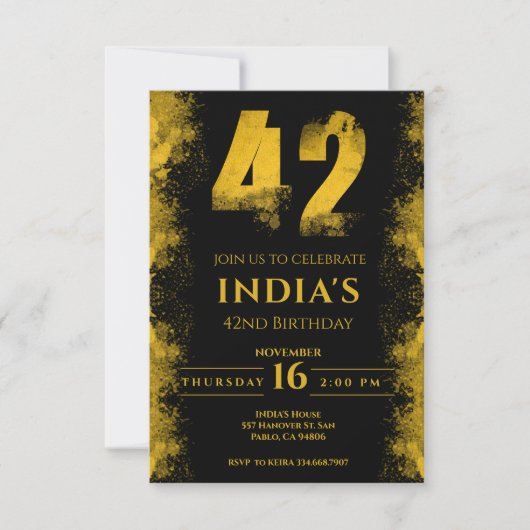 Black and Gold 42. Geburtstagsparty Einladung (Vorderseite)