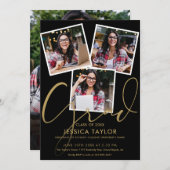 Black and Gold 4 Foto Collage Graduation Party Einladung (Vorne/Hinten)