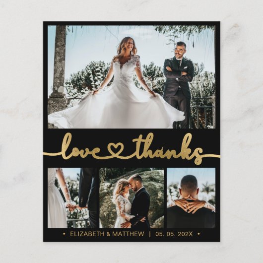 Black and Gold 4 Foto Collage Wedding Vielen Dank Flyer (Vorne)