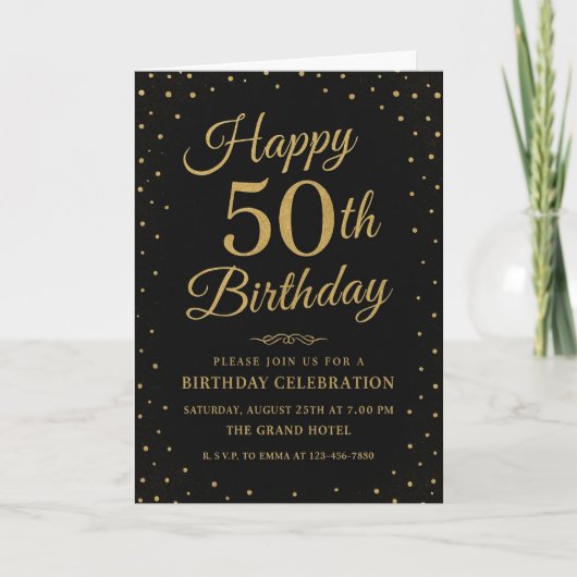 Black and Gold 50. Geburtstag Elegantes Script Einladung (Vorderseite)