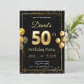 Black and Gold 50. Geburtstagsfeier Einladung (Stehend Vorderseite)