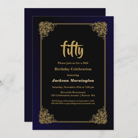 Black and Gold 50. Geburtstagsparty Einladung (Vorne/Hinten)