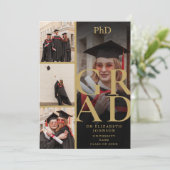 Black and Gold 5 Foto Doktorgrad Party Einladung (Stehend Vorderseite)