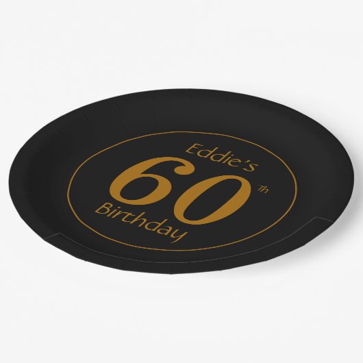 Black and Gold 60th Birthday Party Pappteller (Schrägansicht)