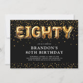 Black and Gold 80. Geburtstagsballons Einladung (Vorderseite)