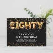 Black and Gold 80. Geburtstagsballons Einladung (Stehend Vorderseite)