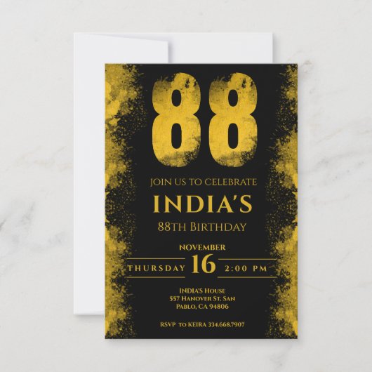 Black and Gold 88. Geburtstagsparty Einladung (Vorderseite)