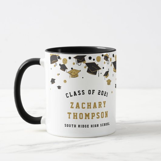 Black and Gold Abschluss Class 2021 Glitzer Tasse (Links)