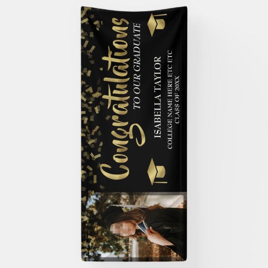 Black and Gold Abschluss Glückwunsch Foto Banner (Vertikal)