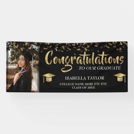 Black and Gold Abschluss Glückwunsch Foto Banner (Horizontal)